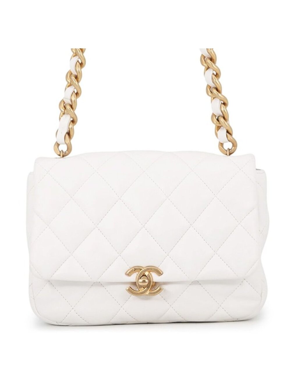 Chanel Chain Shoulder Bag Small Quilted CC Logo Lambskin White